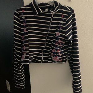 navy blue and white flower embroidered blouse